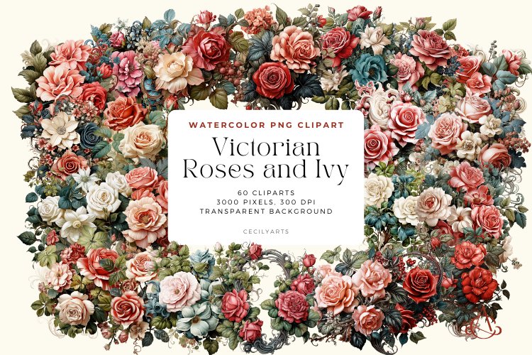 Watercolor Victorian Roses and Ivy Clipart Bundle