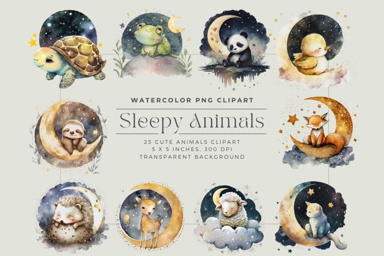 25 Watercolor Sleepy Animals Clipart example image 1
