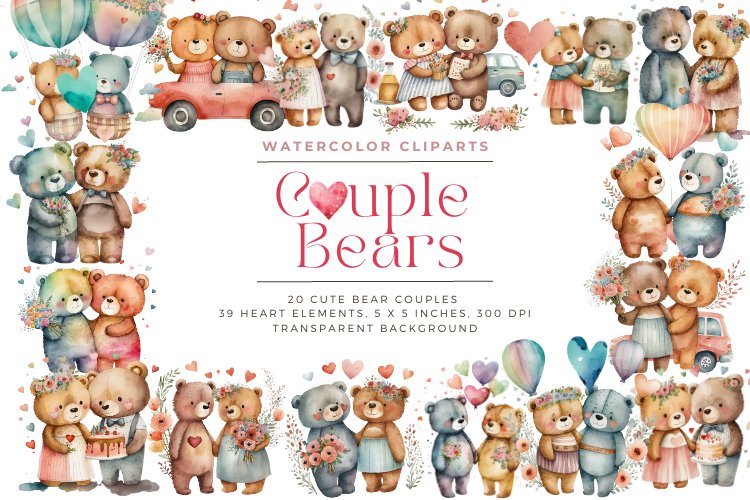 Couple Bears Watercolor Clipart