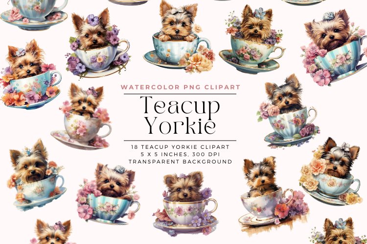 18 Watercolor Teacup Yorkie Clipart example image 1