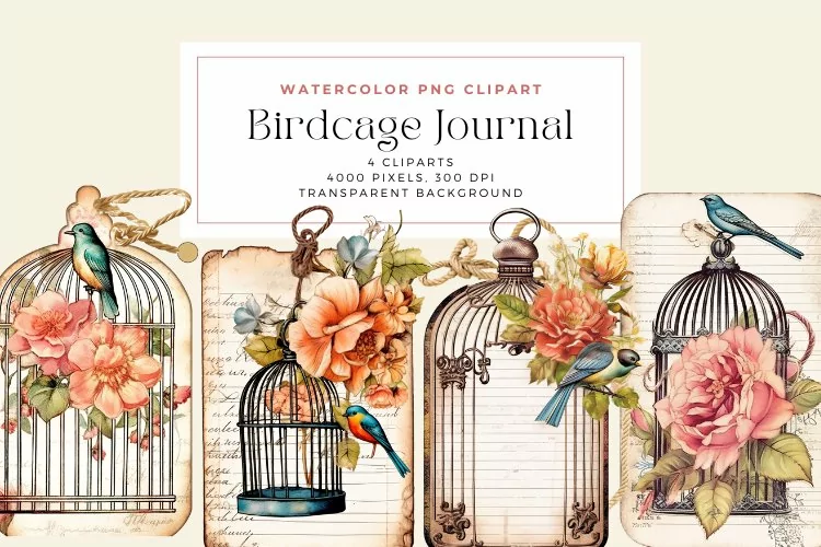 Watercolor Birdcage Journal Tag Cliparts