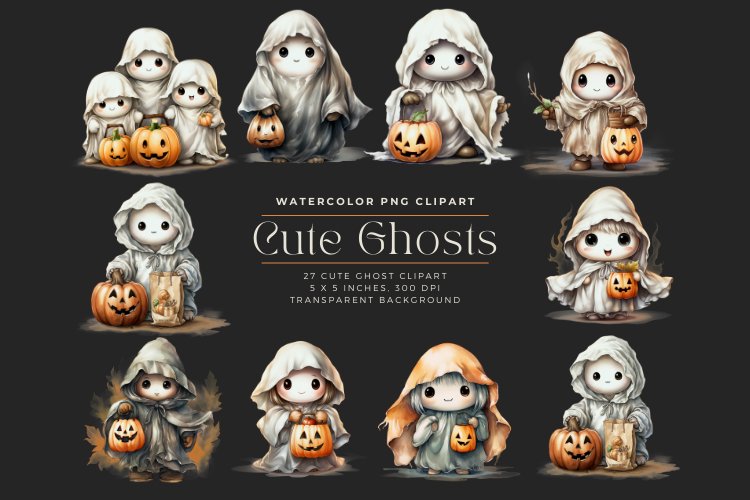 27 Watercolor Cute Ghosts Clipart