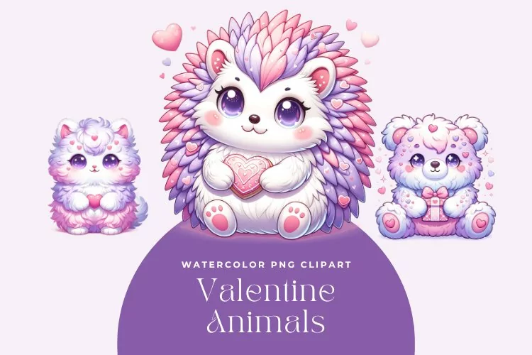 3 Watercolor Cute Pastel Valentine Animals Clipart