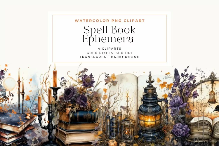 Watercolor Spell Book Ephemera Clipart