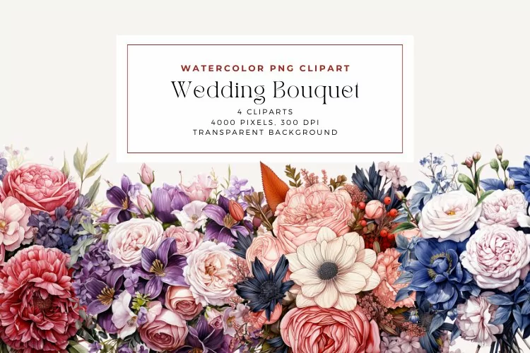 4 Watercolor Wedding Bouquet Clipart