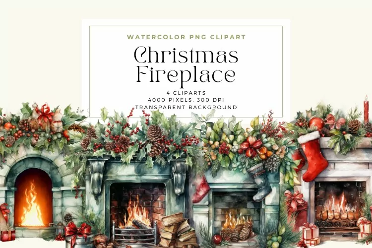 4 Watercolor Christmas Fireplace Clipart