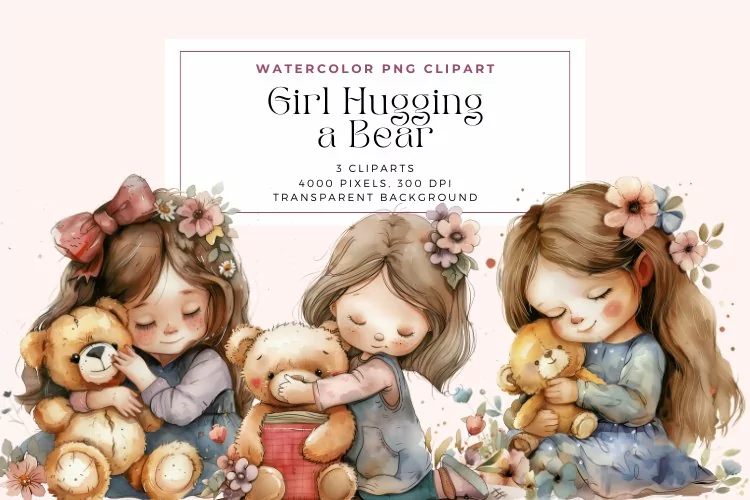 Watercolor Girl Hugging a Bear Clipart