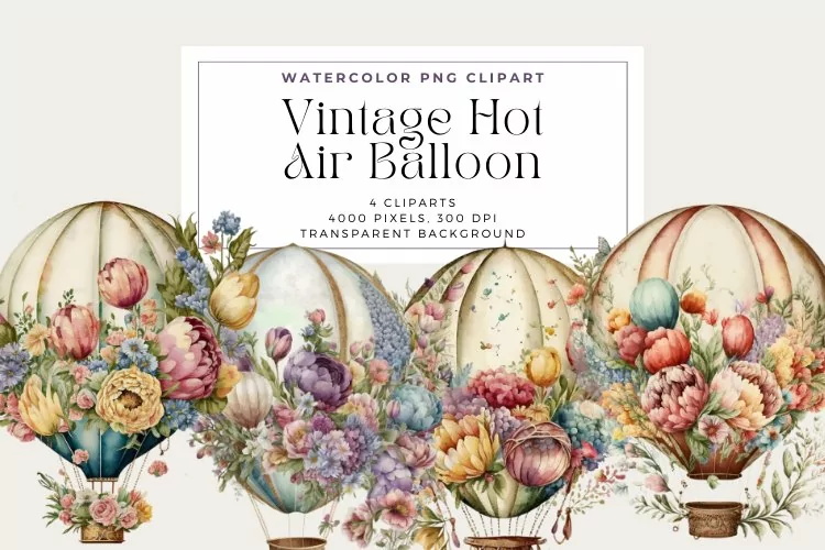 4 Watercolor Vintage Hot Air Balloons Clipart
