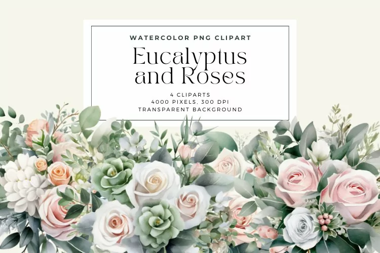 4 Watercolor Eucalyptus and Roses Clipart