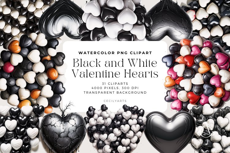 Watercolor Black and White Valentine Hearts Clipart Bundle example image 1