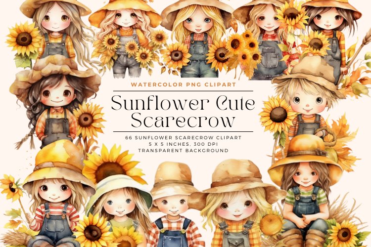 66 Watercolor Sunflower Cute Scarecrow Clipart example image 1