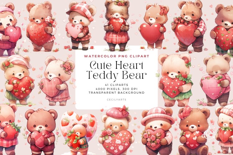 41 Watercolor Cute Heart Teddy Bear Clipart example image 1