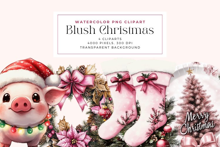 Watercolor Blush Christmas Clipart example image 1