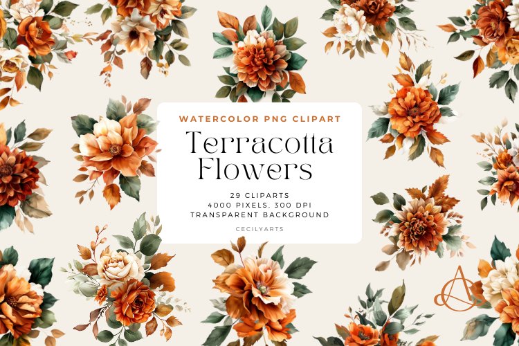 Watercolor Terracotta Flowers Clipart Bundle example image 1