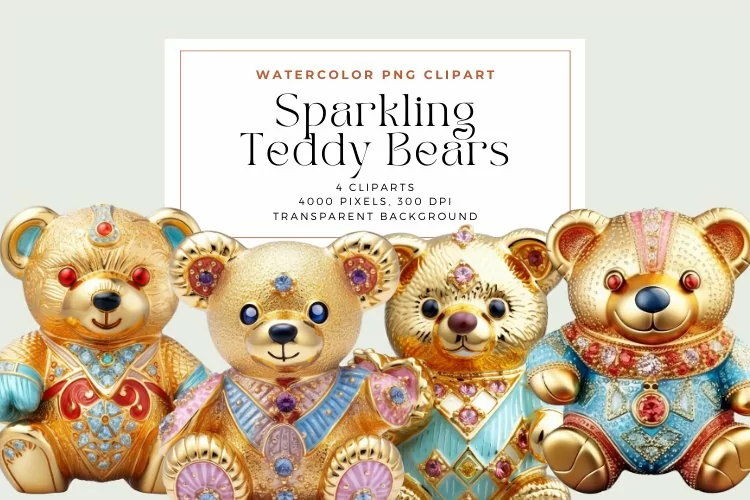 4 Watercolor Sparkling Teddy Bears Clipart