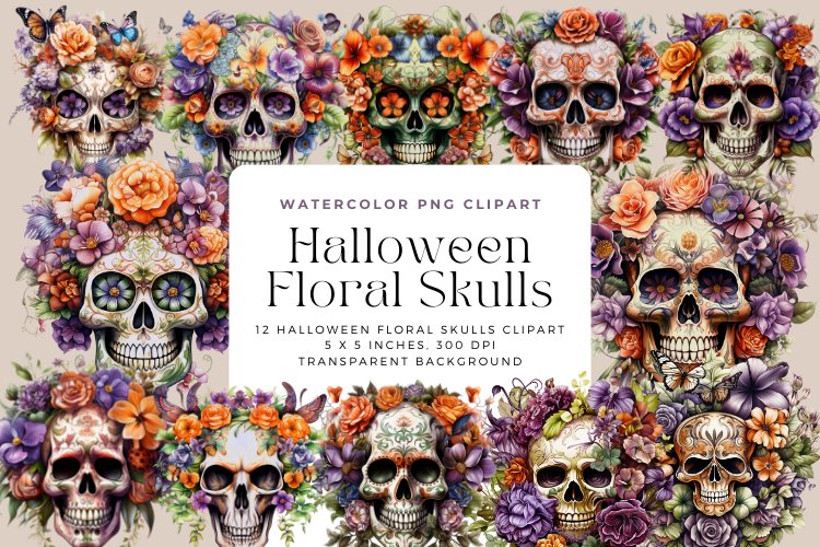 12 Watercolor Halloween Floral Skulls Clipart