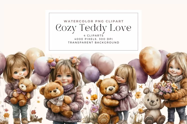 Watercolor Cozy Teddy Love Clipart