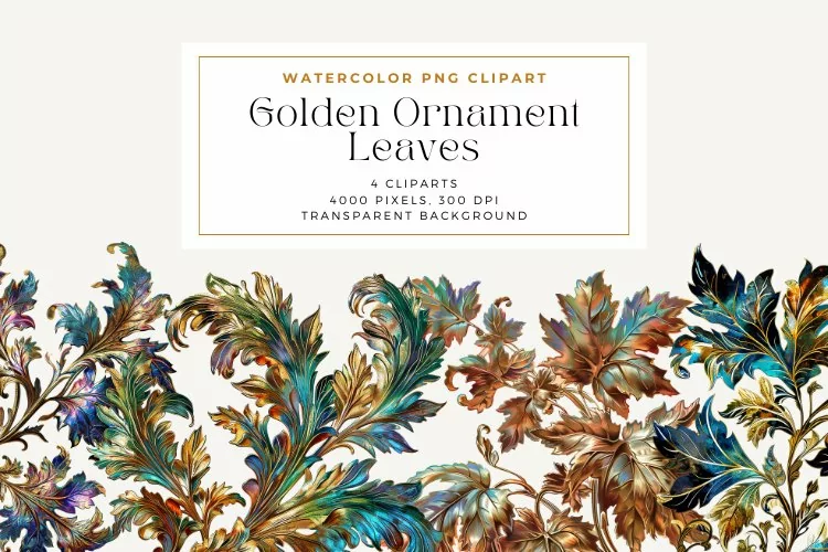 Watercolor Golden Ornament Leaves Clipart