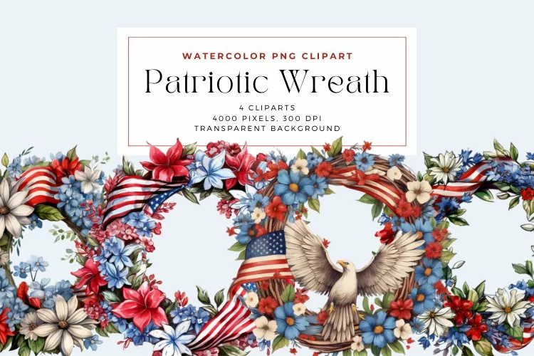 4 Watercolor Patriotic Wreath Clipart