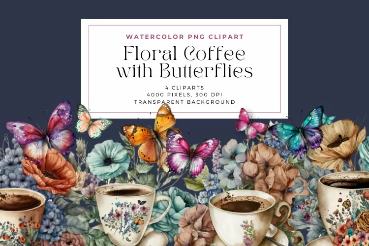 4 Watercolor Floral Coffee with Butterflies Clipart