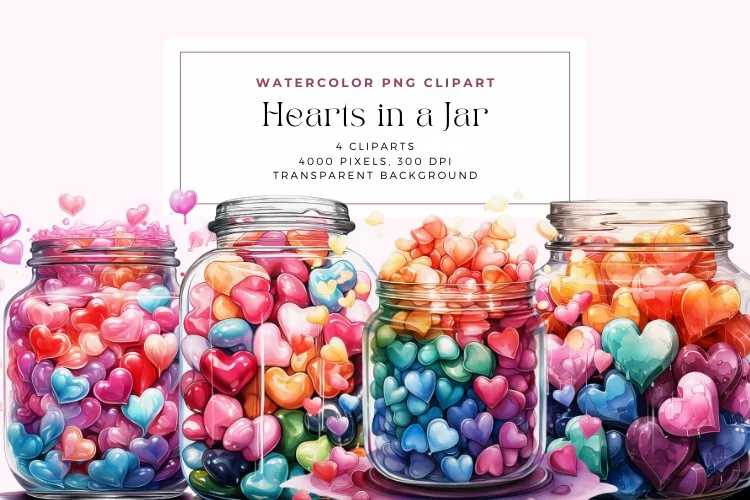 Watercolor Hearts in a Jar Clipart