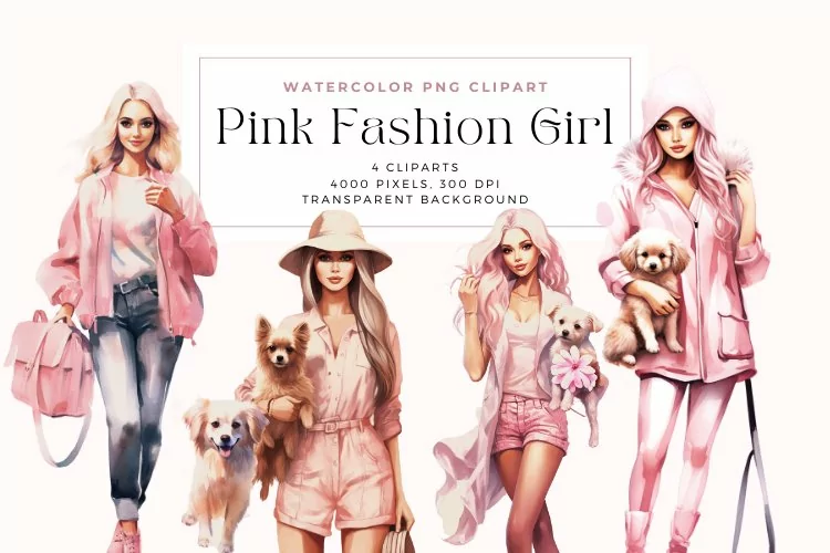 4 Watercolor Pink Fashion Planner Girl with a Dog Clipart