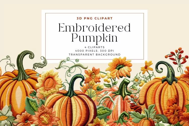 4 Watercolor Embroidered Pumpkin Clipart