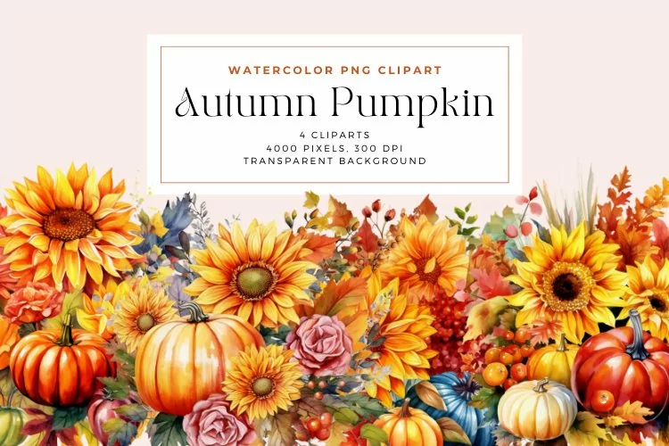 4 Watercolor Autumn Pumpkin Clipart