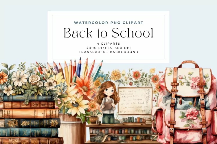 4 Watercolor Back to School Clipart