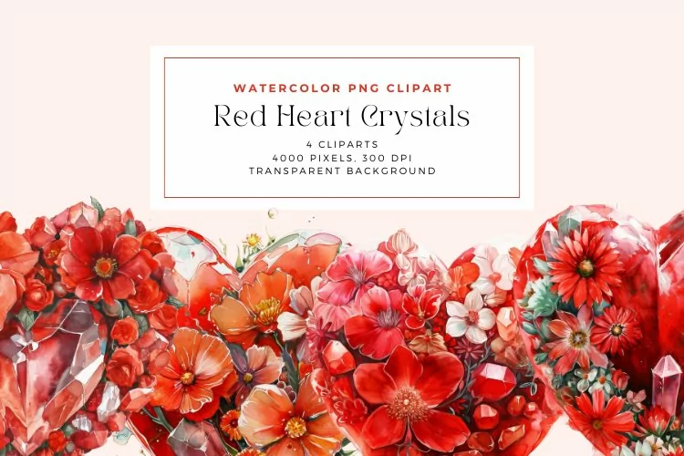 4 Watercolor Red Heart Crystals Clipart