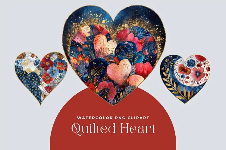 3 Watercolor Quilted Heart Clipart