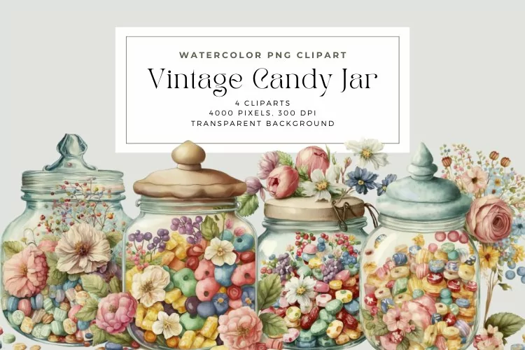 4 Watercolor Vintage Candy Jar Clipart