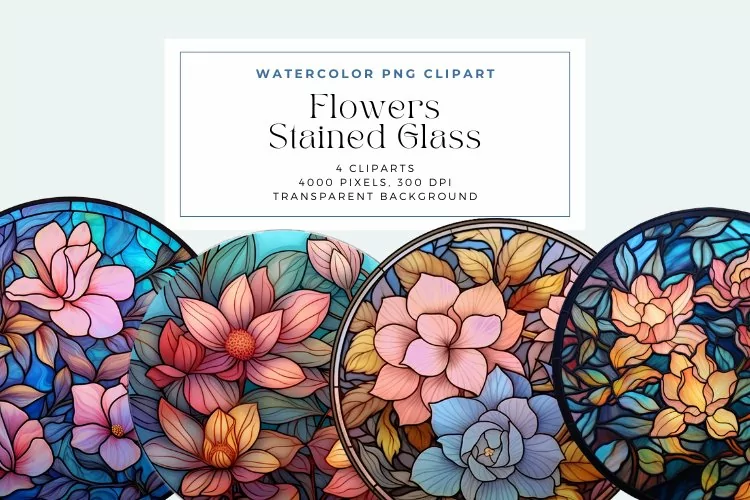 Watercolor Pastel Flowers Stained Glass Clipart