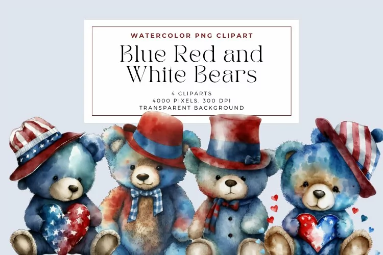 4 Watercolor Blue Red and White Bears Clipart