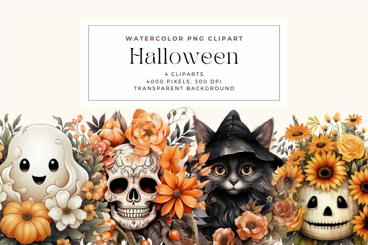 4 Watercolor Halloween Collection Clipart