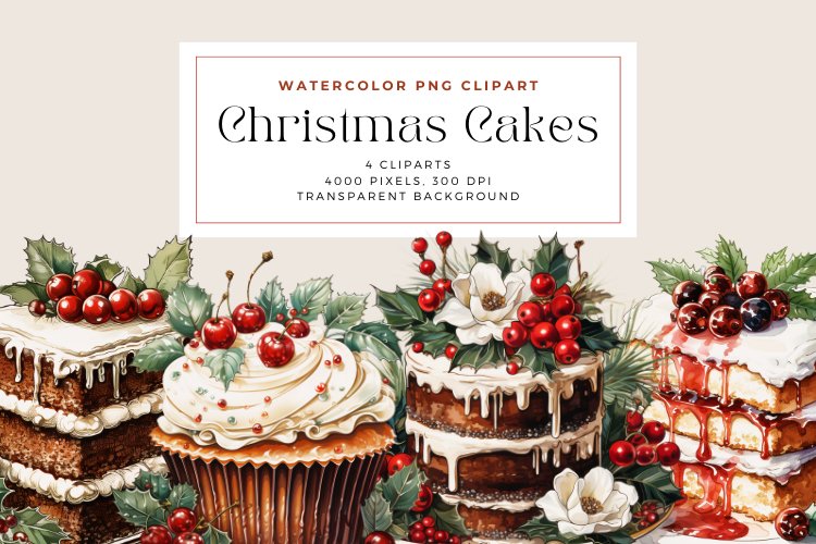 4 Watercolor Christmas Cakes Clipart example image 1