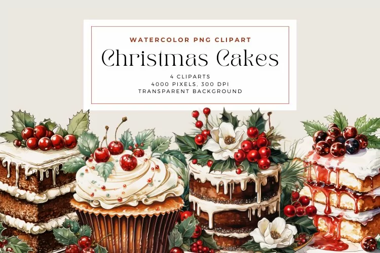 4 Watercolor Christmas Cakes Clipart