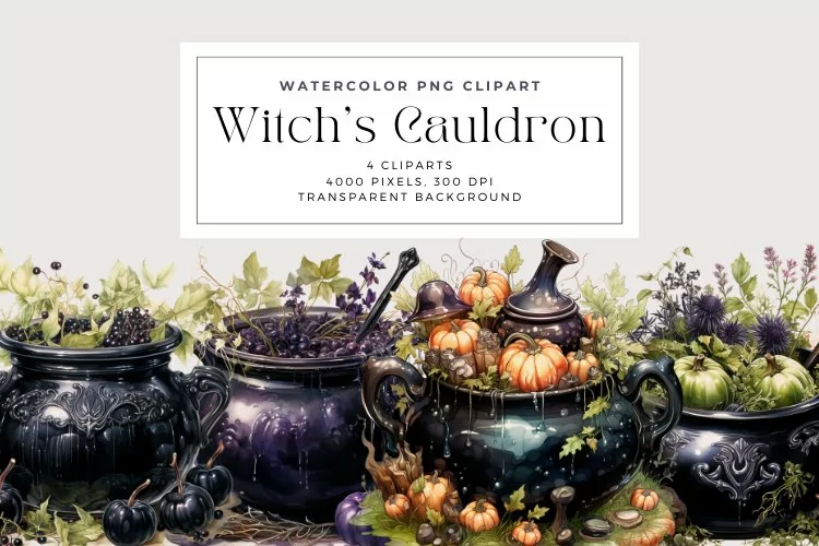 4 Watercolor Witch's Cauldron Clipart
