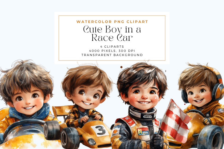 Watercolor Cute Boy in a Race Car Clipart