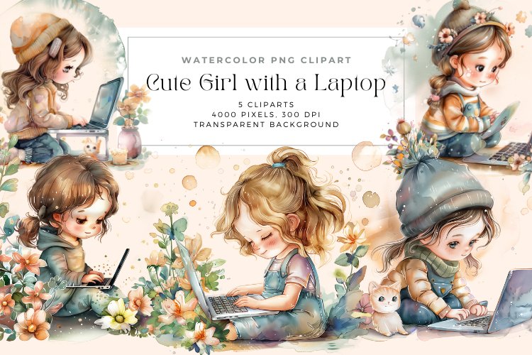 Watercolor Cute Girl with a Laptop Clipart example image 1