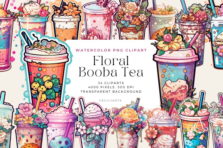 Watercolor Floral Booba Tea Clipart Bundle example image 1