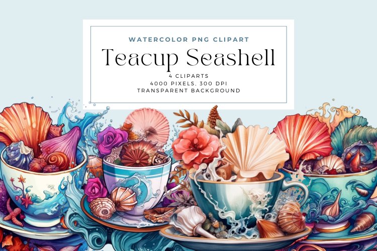 4 Watercolor Teacup Seashell Clipart