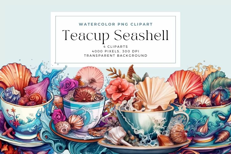 4 Watercolor Teacup Seashell Clipart