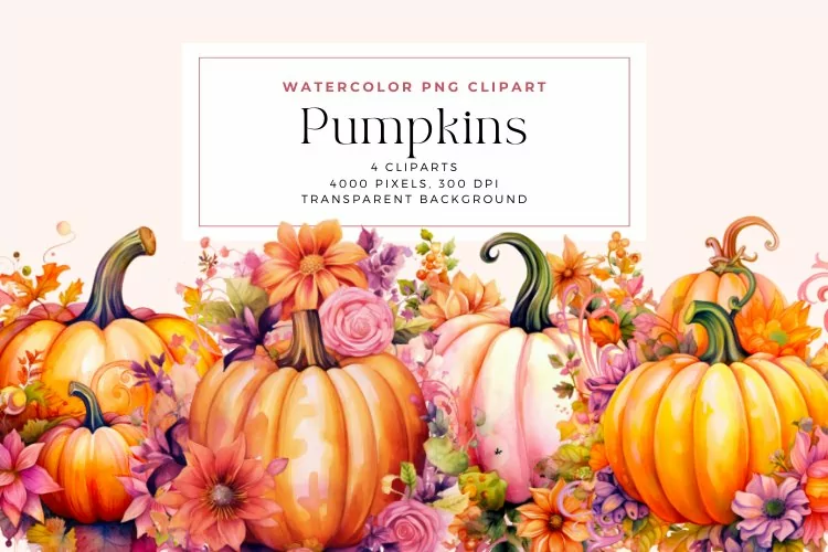 4 Watercolor Pumpkin Clipart