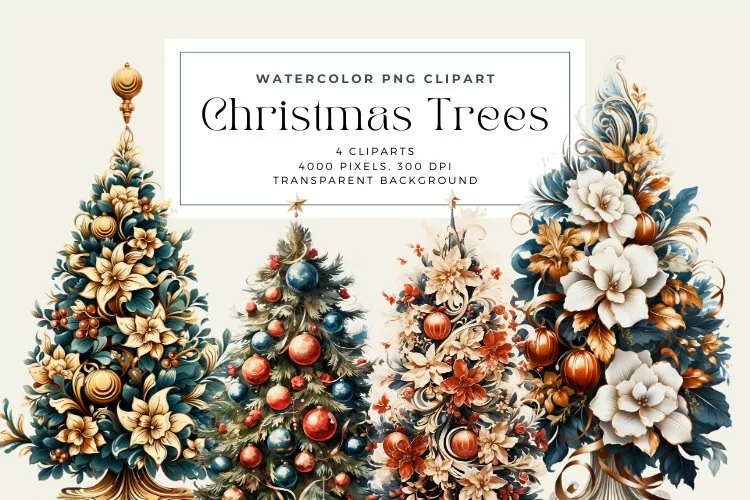 4 Watercolor Christmas Trees Clipart
