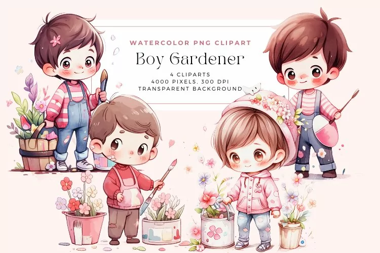 Watercolor Boy Gardener Clipart
