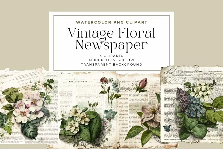 4 Watercolor Vintage Floral Newspaper Clipart