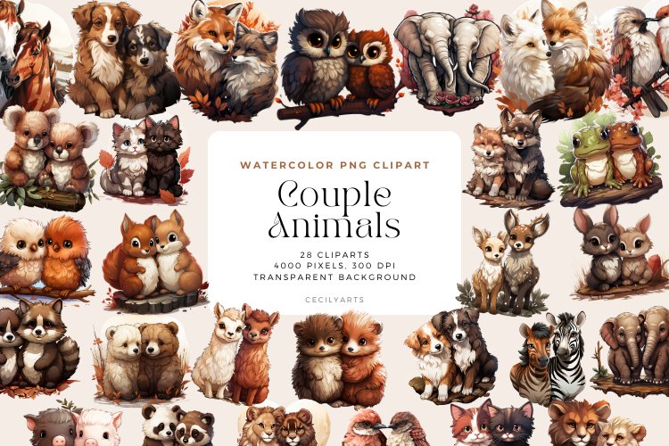 28 Watercolor Couple Animals Clipart