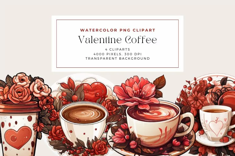 4 Watercolor Valentine Coffee Clipart