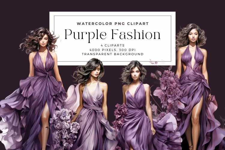 4 Watercolor Purple Fashion Clipart